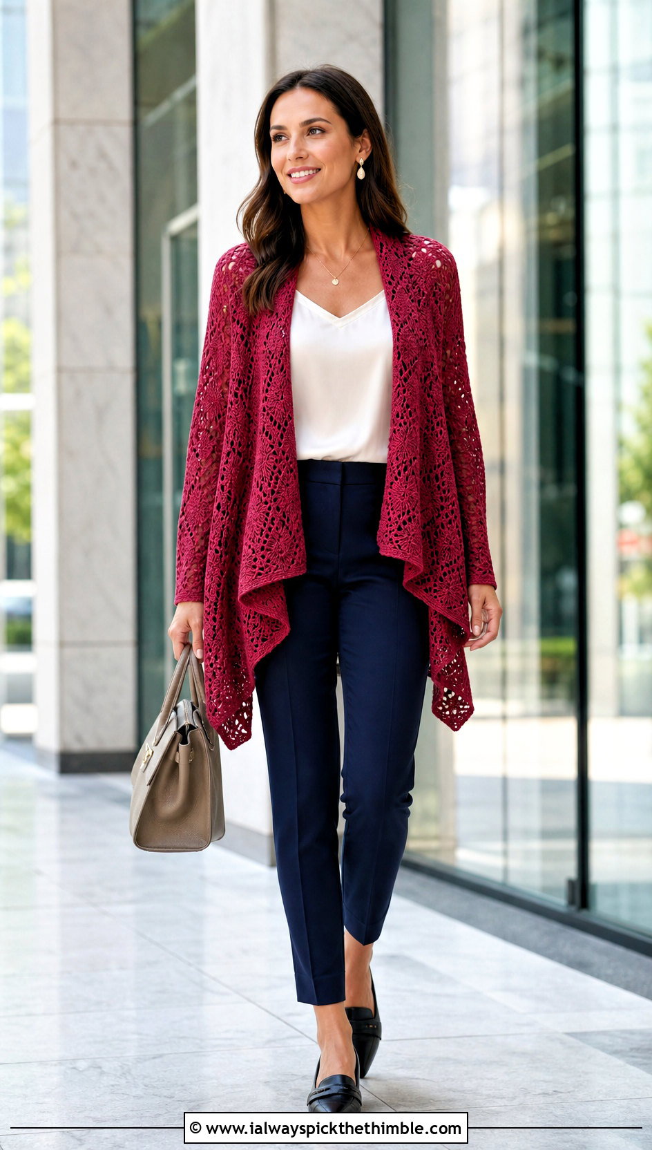 Waterfall Crochet Kimono With Cigarette Pants - 20 easy crochet kimono outfit ideas