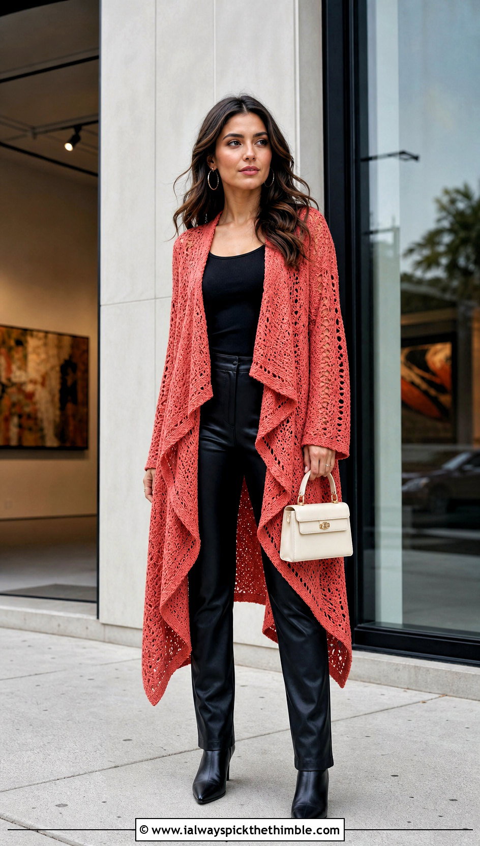 Waterfall Crochet Kimono With Leather Pants - 20 Boho Crochet Kimono outfit ideas