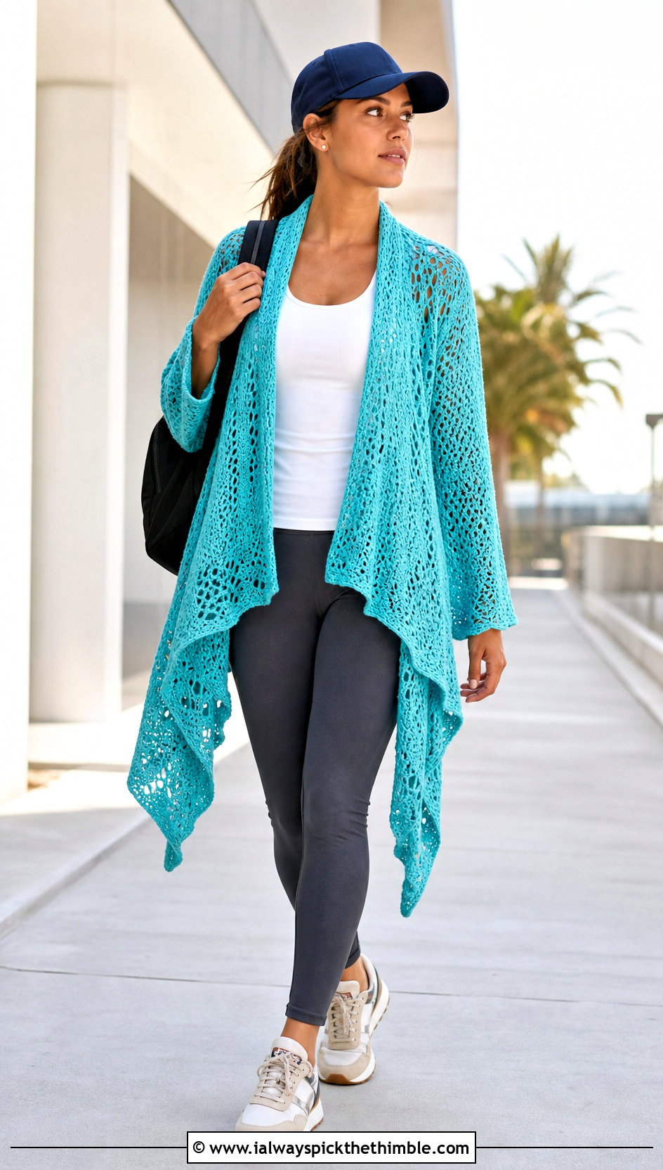 Waterfall Crochet Kimono With Leggings And Sneakers - 25 crochet kimono outfit ideas