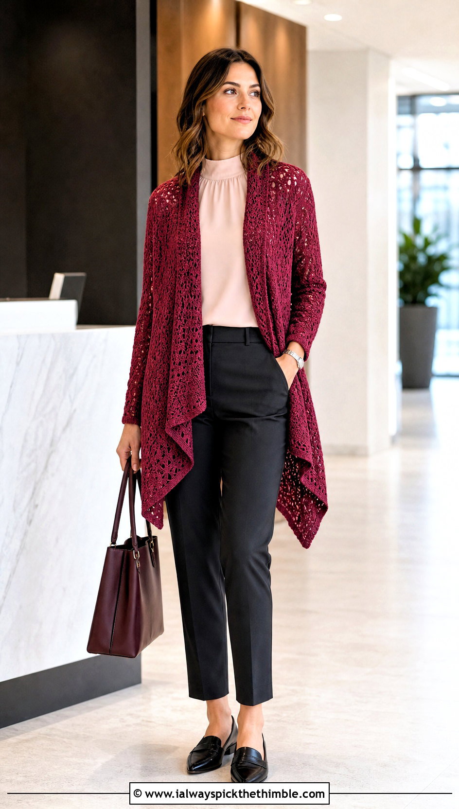 Waterfall Crochet Lightweight Cardigan With Office Trousers - 20 Crochet Lightweight Cardigan outfit ideas