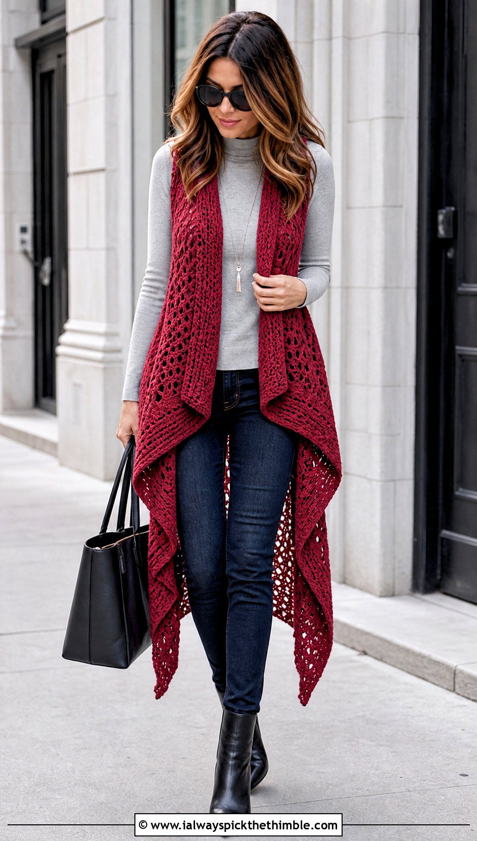 Waterfall Crochet Long Vest With Skinny Jeans - 25 Crochet Long Vest outfit ideas