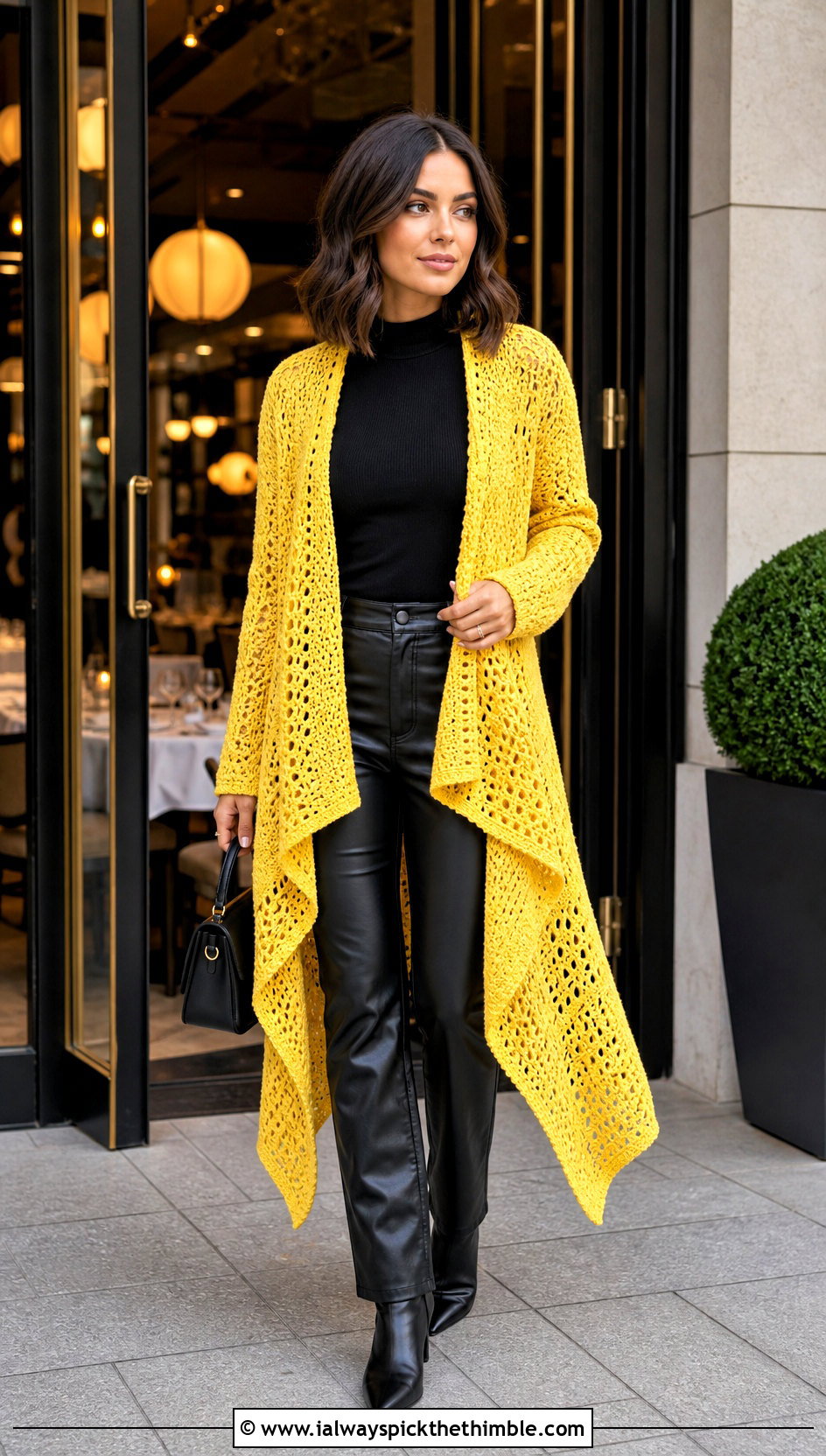 Waterfall Crochet Longline Cardigan With Faux Leather Pants - 20 Crochet Longline Cardigan outfit ideas