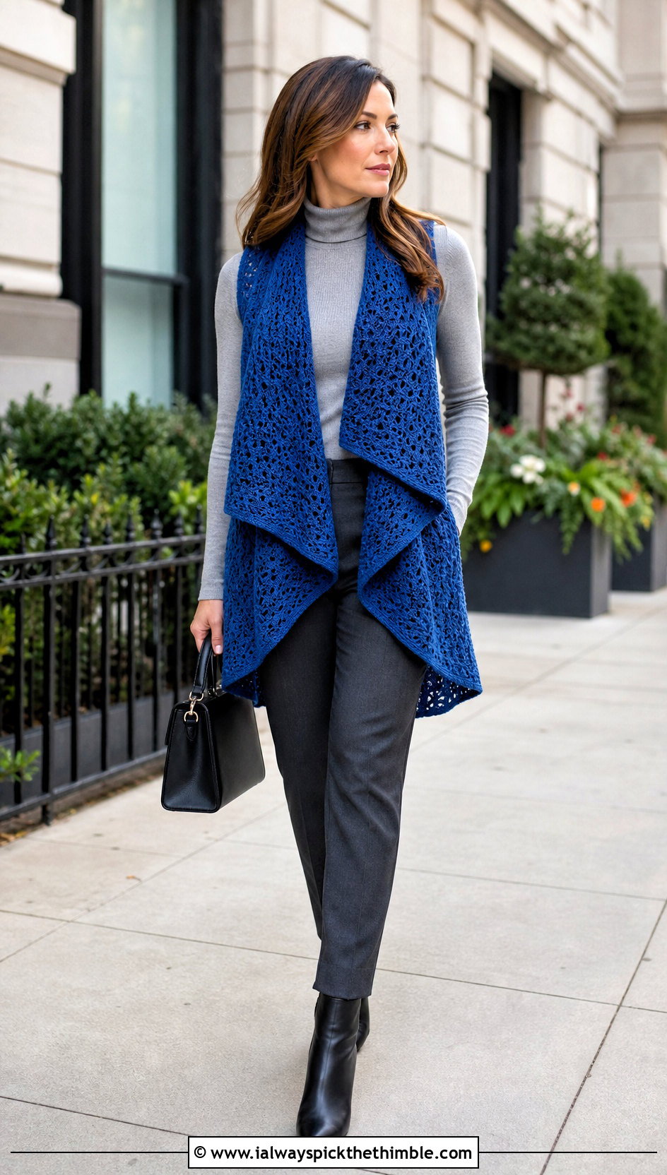 Waterfall Crochet Open Front Vest With Turtleneck And Trousers - 20 crochet open front vest outfit ideas