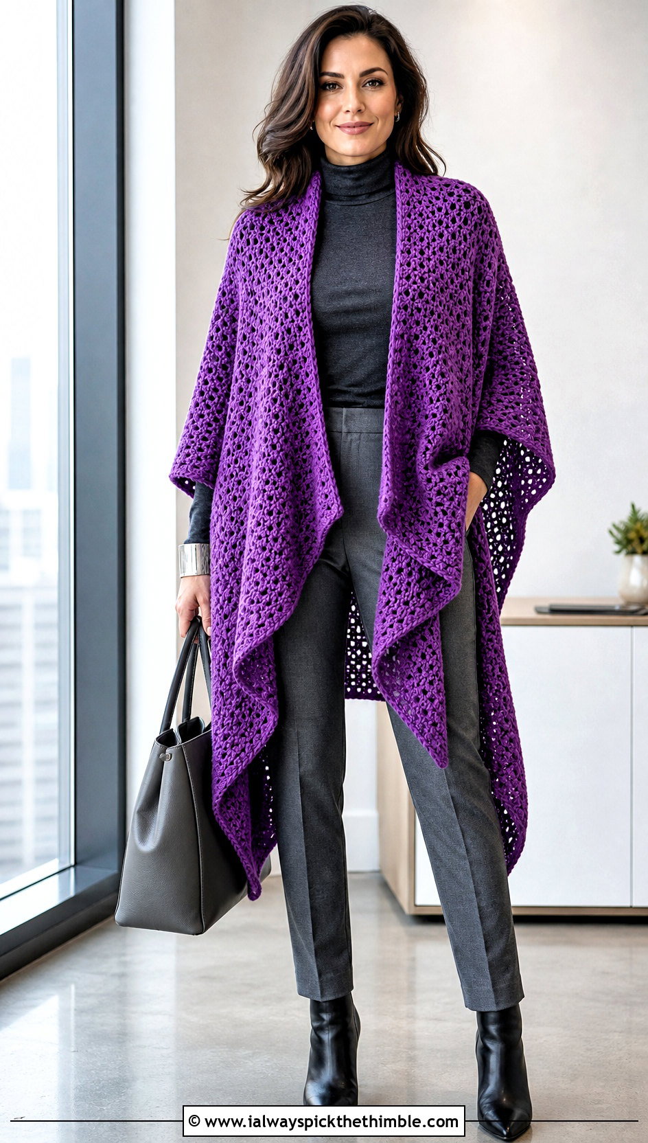 Waterfall Crochet Wrap With A Turtleneck And Trousers - 25 crochet wrap outfit ideas