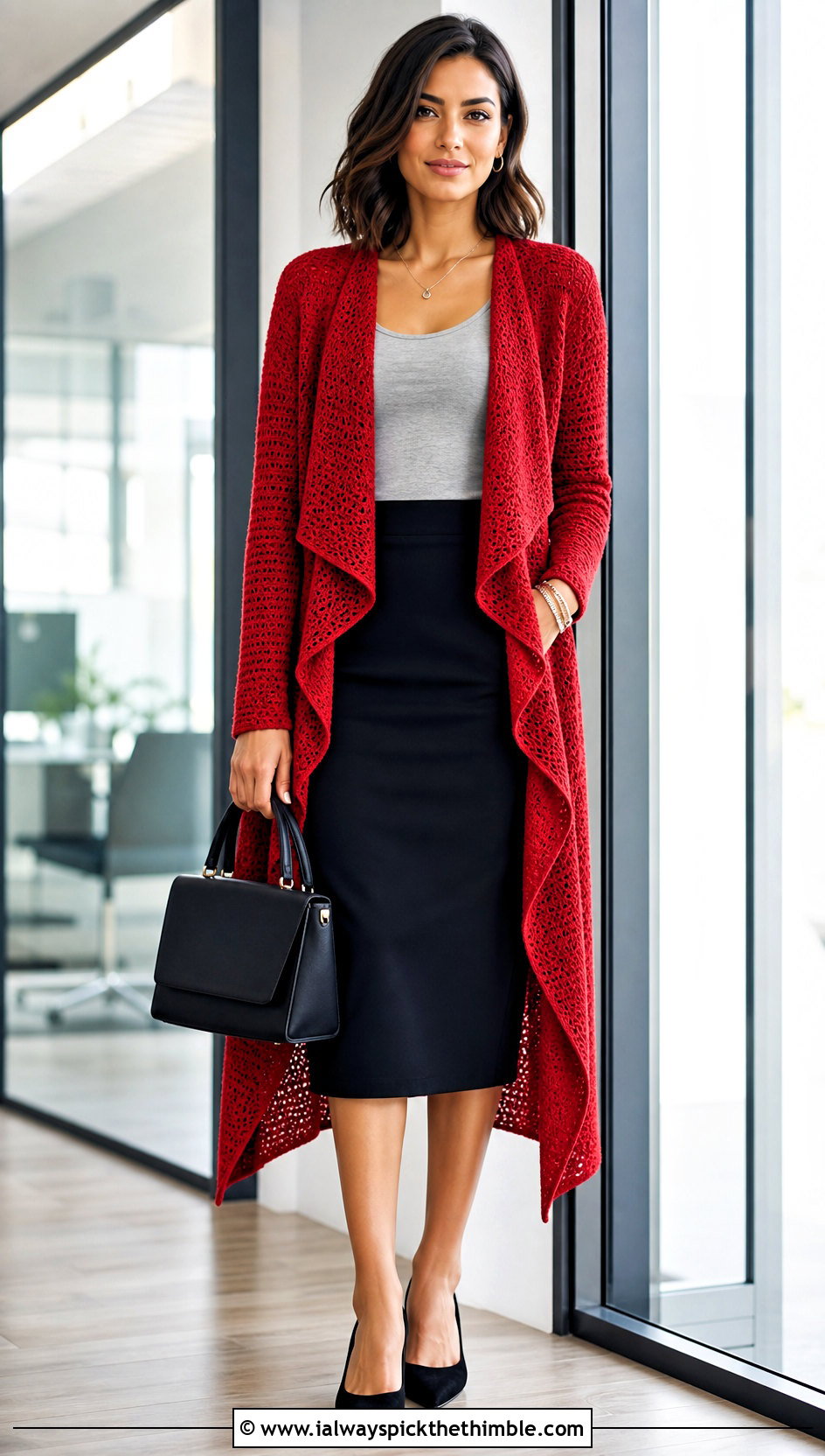 Waterfall Front Crochet Long Cardigan With Pencil Skirt - 20 Easy Crochet Long Cardigan outfit ideas