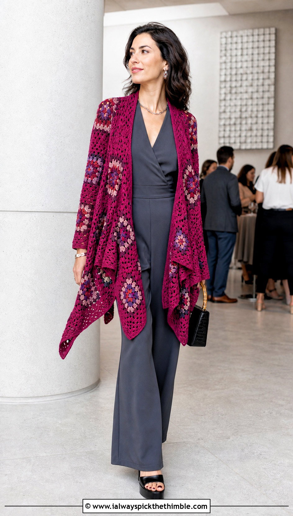 Waterfall Granny Square Cardigan With Wide Leg Jumpsuit - 25 granny square cardigan outfit ideas