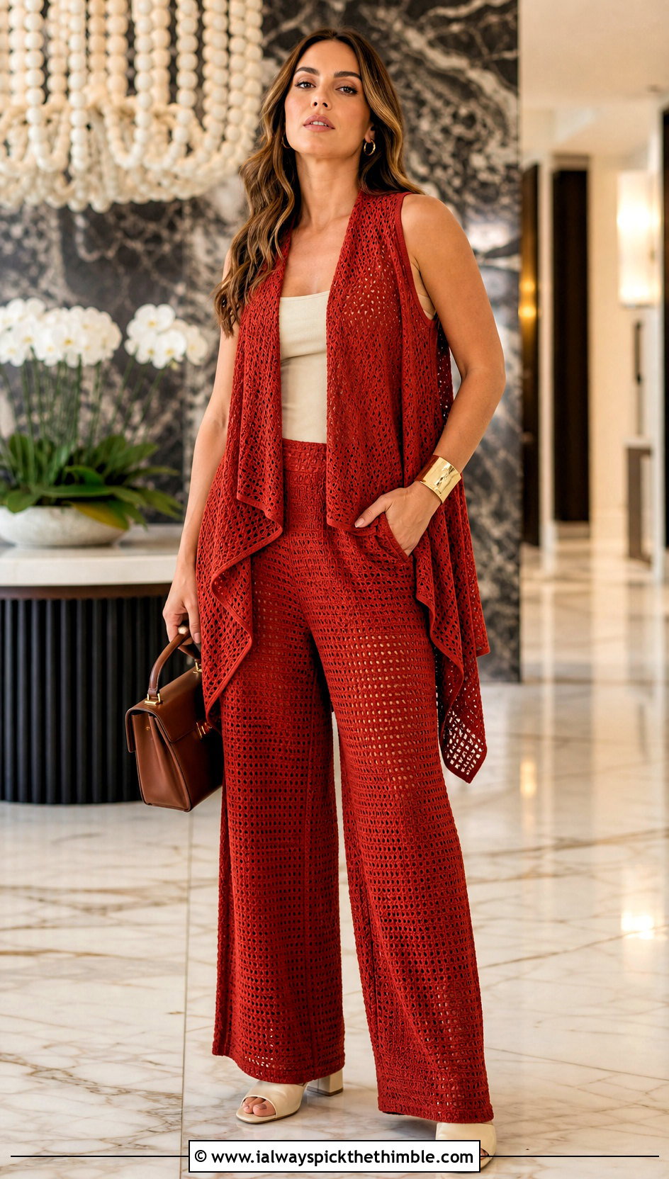 Waterfall Love Knot Crochet Mesh Vest With Matching Separates - 25 crochet mesh vest outfit ideas
