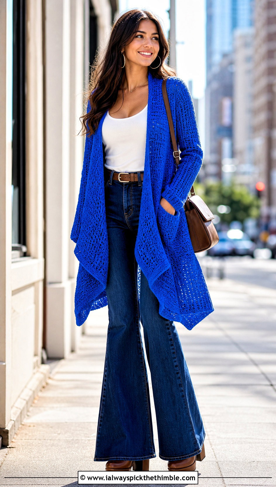 Waterfall Pocket Crochet Cardigan With Flare Jeans - 25 crochet cardigan with pockets outfit ideas