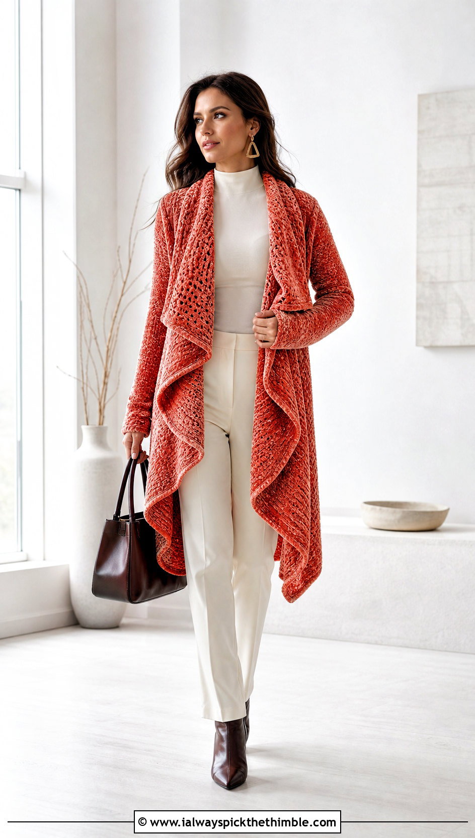 Waterfall Velvet Crochet Cardigan With Monochrome Basics - 15 velvet crochet cardigan outfit ideas