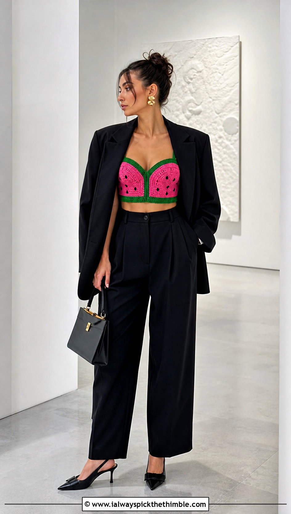 Watermelon Crochet Bustier Top With Tailored Trousers - 20 watermelon crochet top outfit ideas