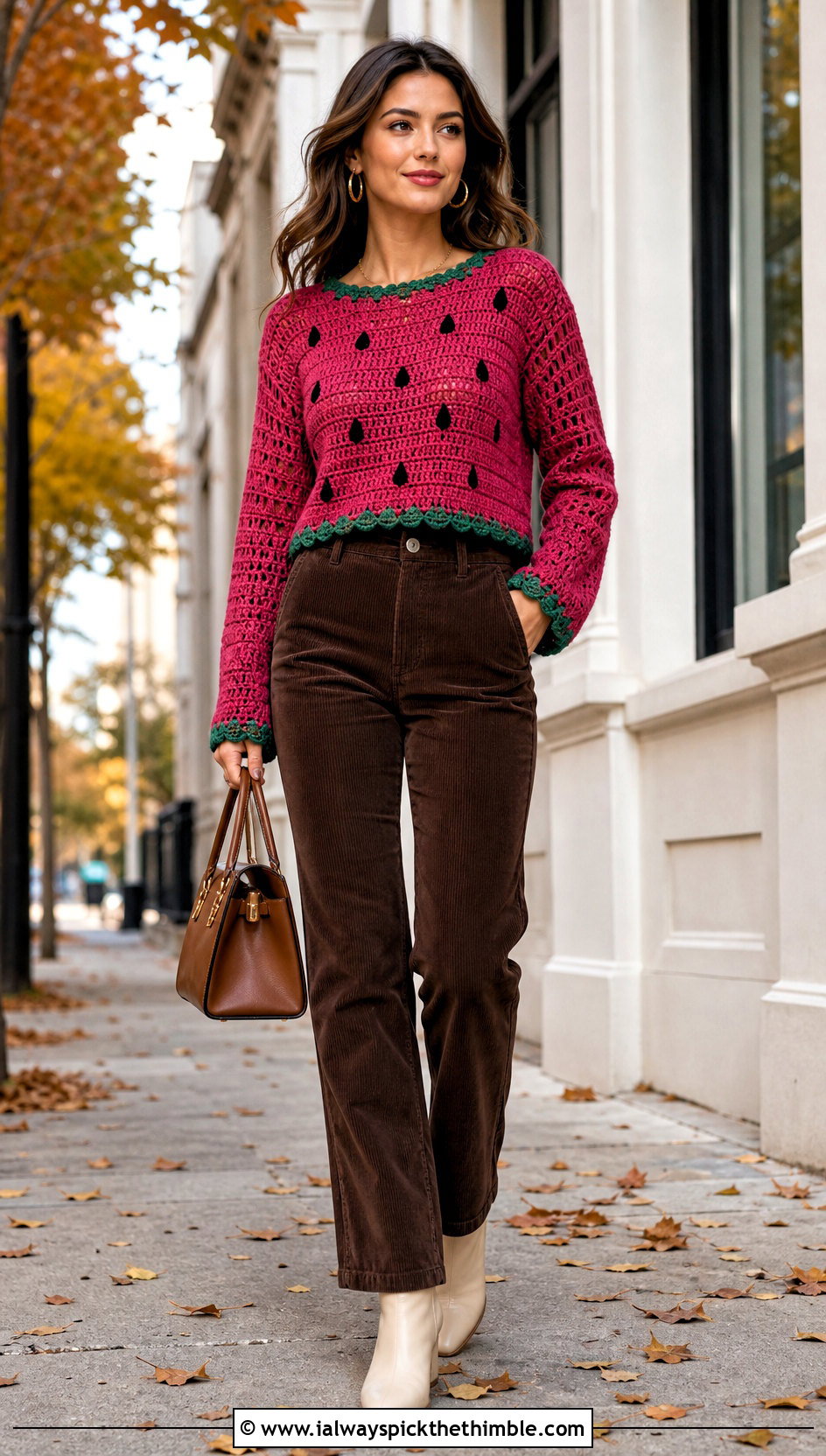Watermelon Crochet Long Sleeve Top With Corduroy Pants - 20 watermelon crochet top outfit ideas