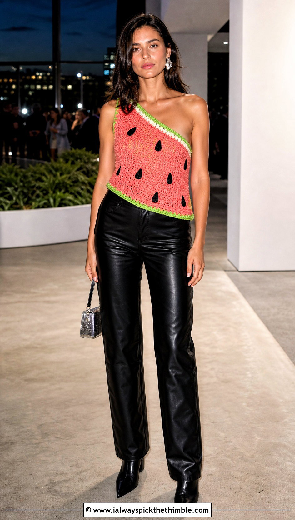 Watermelon Crochet One Shoulder Top With Leather Pants - 20 watermelon crochet top outfit ideas