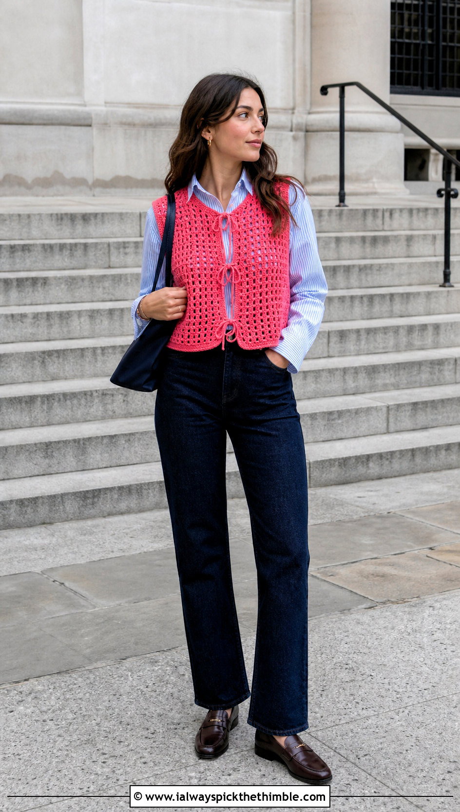 Watermelon Pink Crochet Vest With Striped Shirt And Jeans - 25 pink crochet outfit ideas