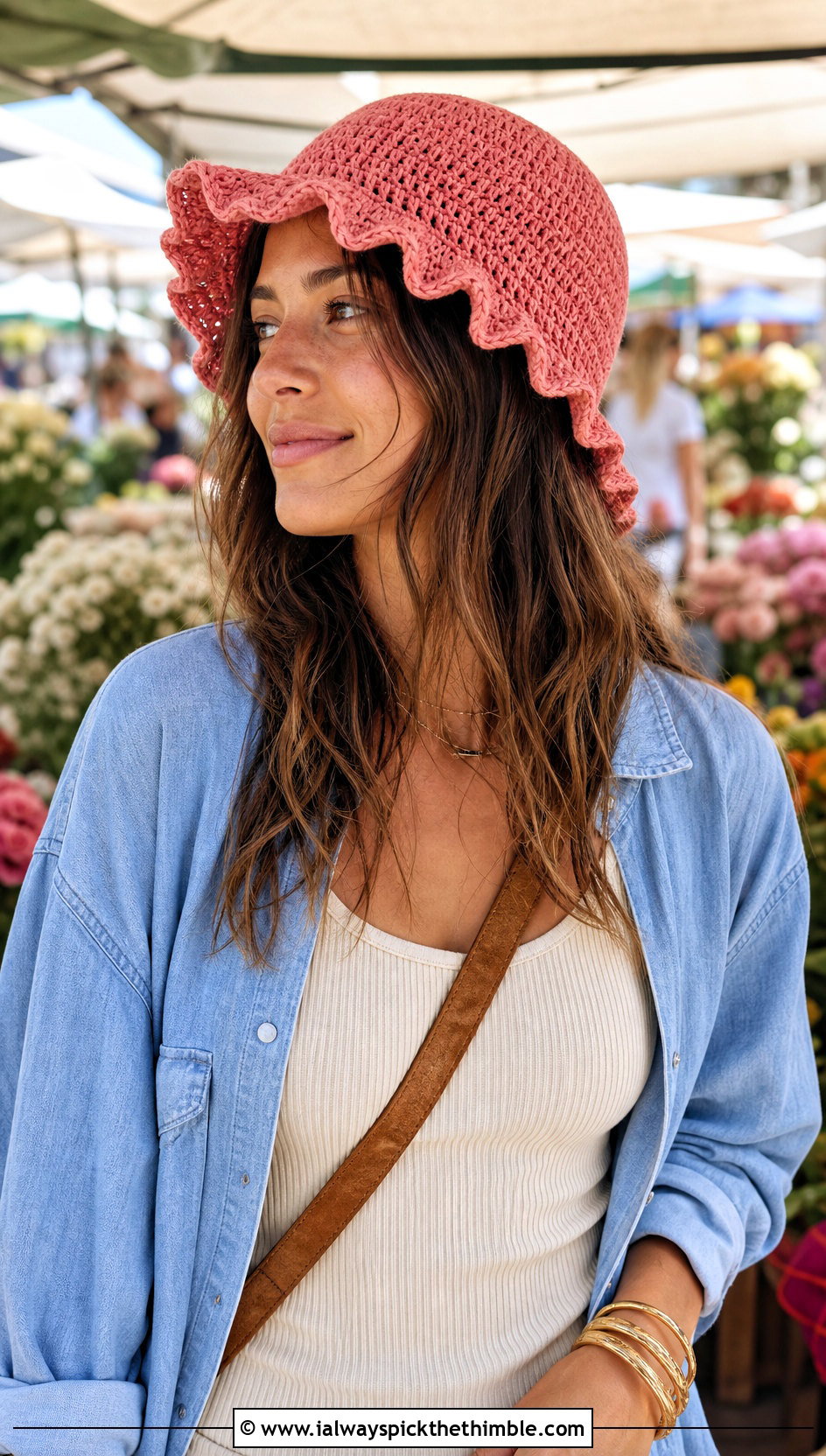 Watermelon Pink Ruffled Crochet Bucket Hat With Maxi Skirt - 15 pink crochet bucket hat outfit ideas
