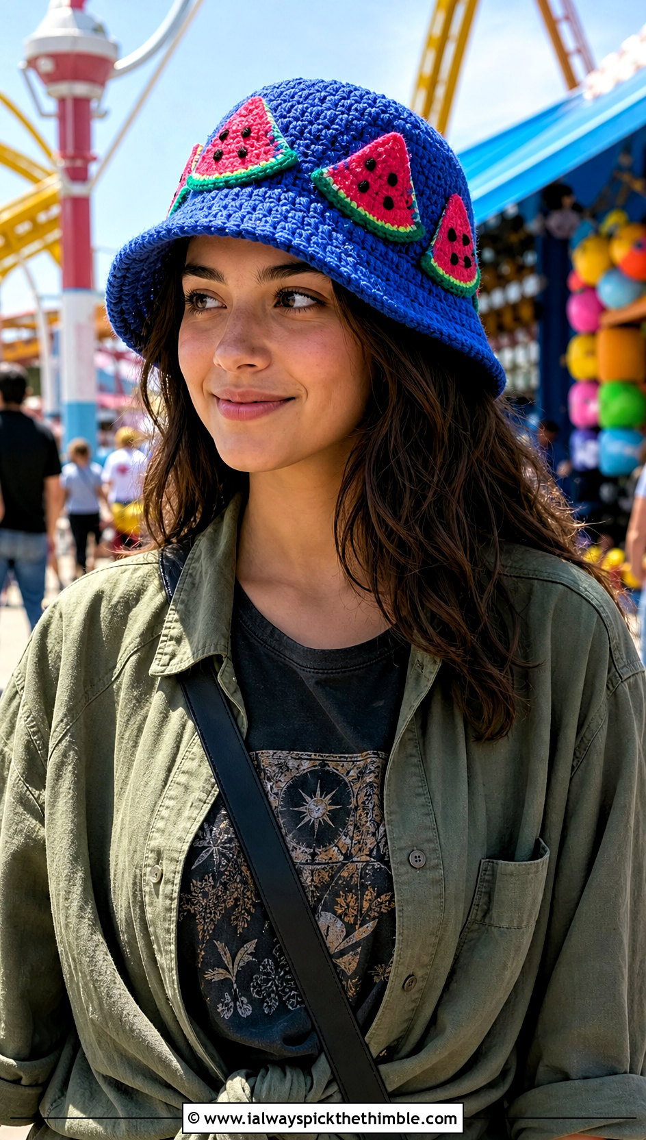 Watermelon Slice Applique Crochet Bucket Hat With Graphic Tee - 20 crochet watermelon bucket hat outfit ideas