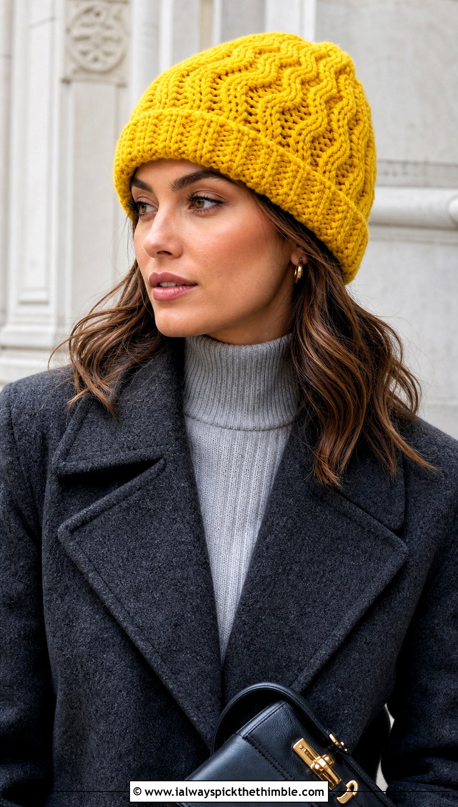 Wave Brioche Crochet Beanie With Tailored Coat - 20 Wavy Crochet Beanie outfit ideas