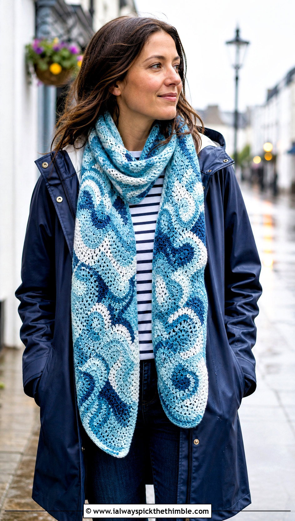 Wave Mosaic Crochet Scarf With Raincoat - 20 Mosaic Crochet Scarf outfit ideas