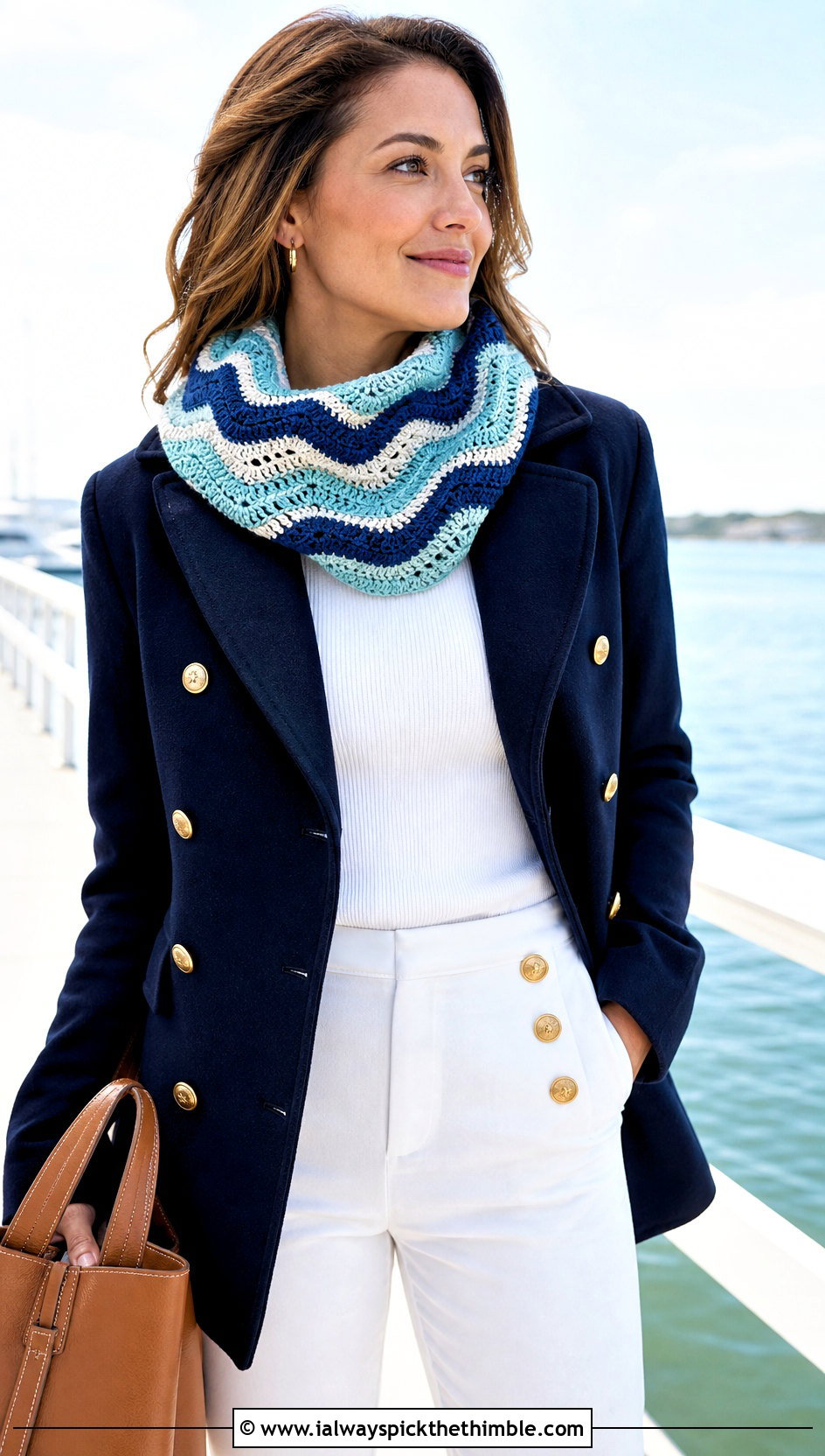 Wave Stitch Crochet Cowl With Peacoat And Sailor Pants - 25 crochet neck warmer cowls outfit ideas