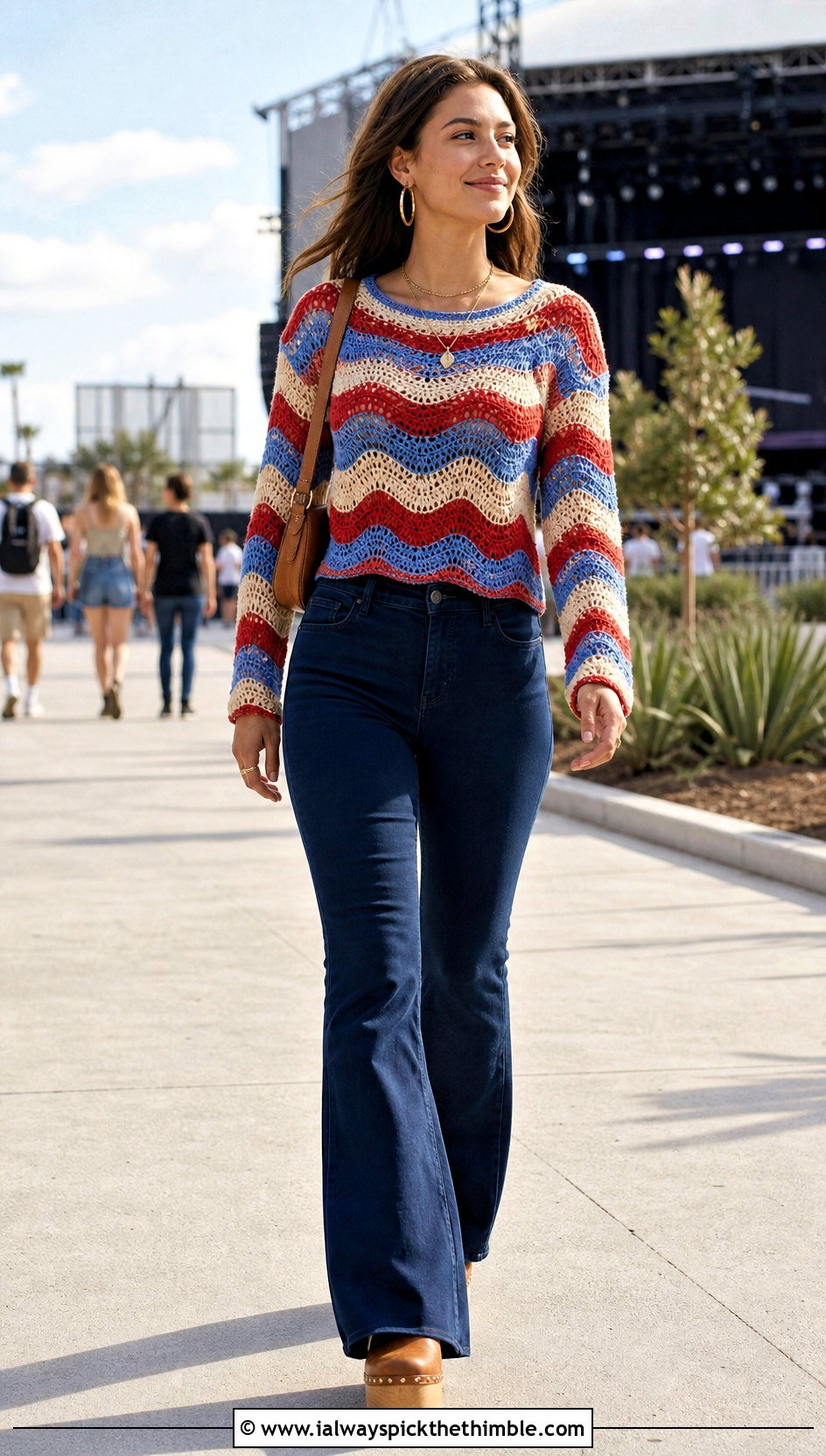 Wave Stitch Crochet Spring Sweater With Flared Jeans - 25 crochet spring sweater outfit ideas