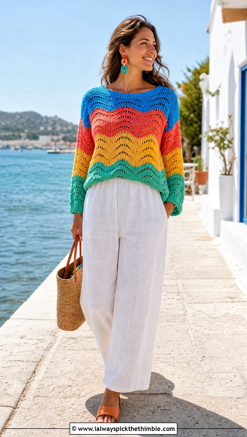 Wave Stitch Crochet Sweater With Linen Pants - 20 Colorful Crochet Sweater Ideas