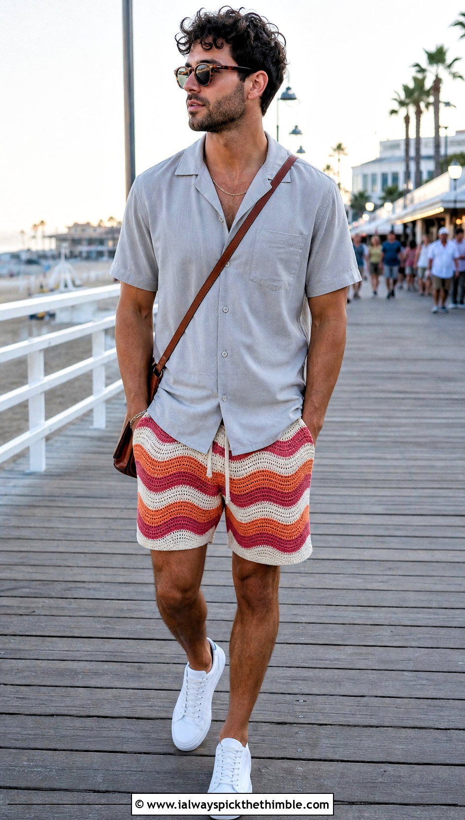 Wave Stitch Mens Crochet Shorts With Bowling Shirt - 25 Crochet Mens Shorts outfit ideas