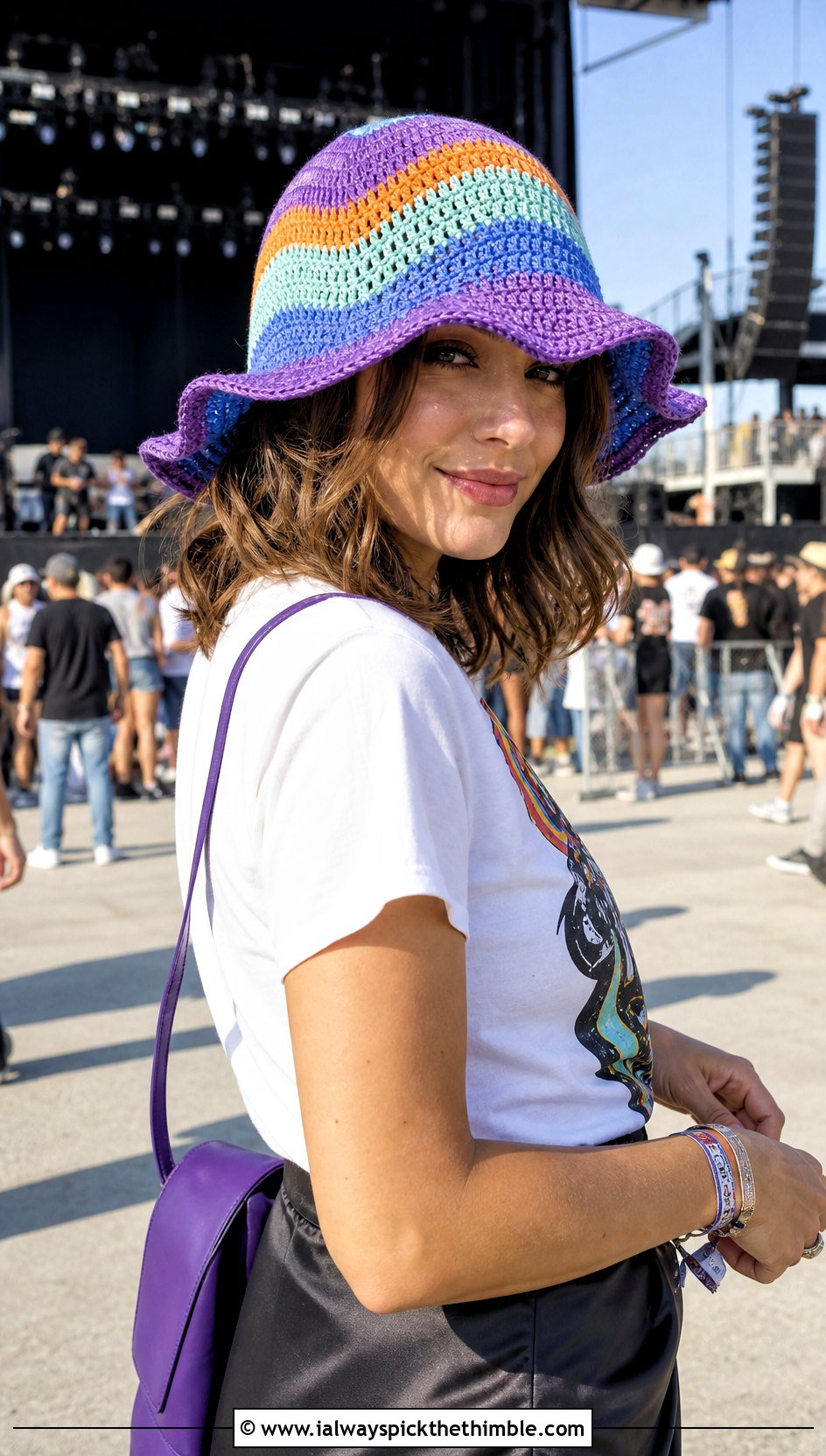 Wavy Brim Beach Ball Crochet Sun Hat With Graphic Tee And Satin Skirt - 15 beach ball crochet sun hat outfit ideas