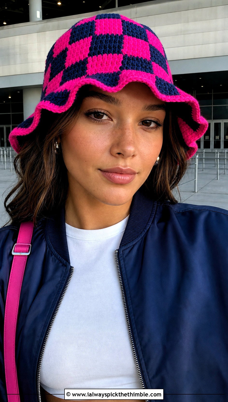 Wavy Brim Checkerboard Crochet Bucket Hat With Bomber Jacket - 20 checkerboard crochet bucket hat outfit ideas