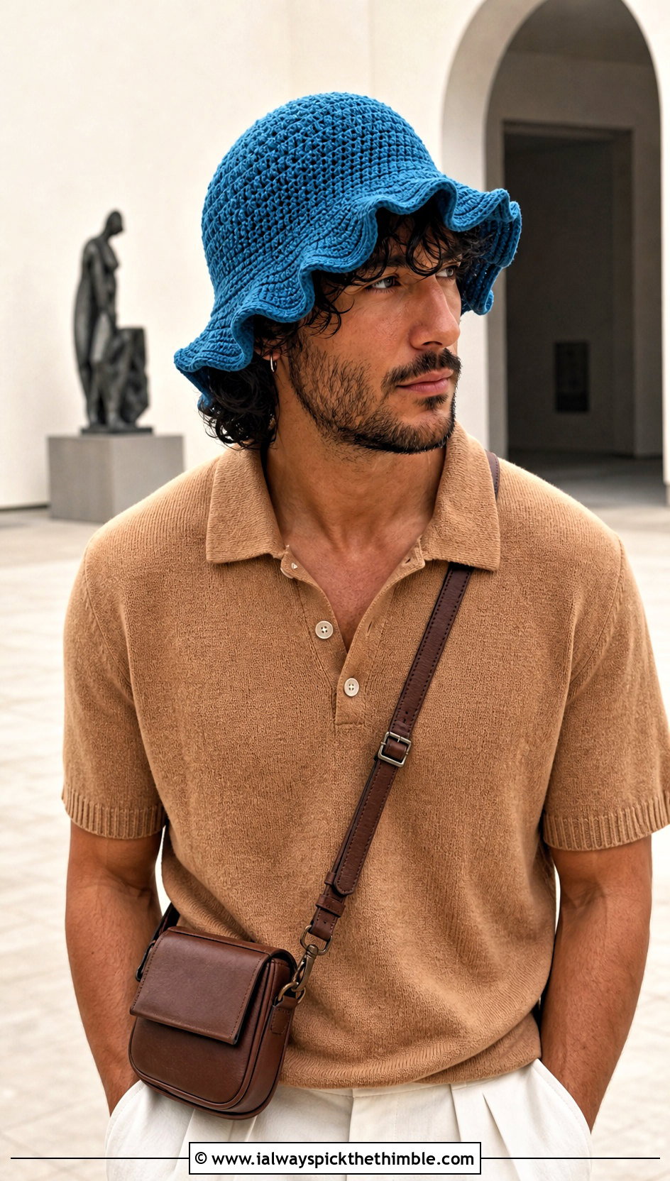 Wavy Brim Crochet Bucket Hat With Knit Polo And Ecru Jeans - 20 crochet bucket hat men outfit ideas