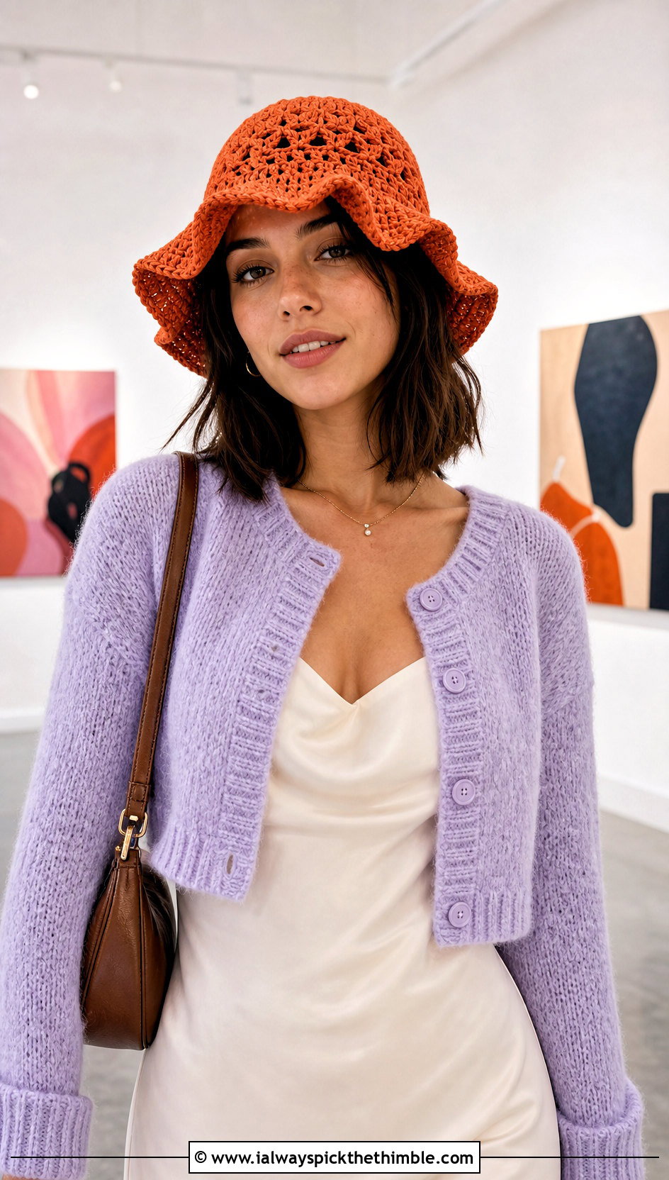 Wavy Brim Crochet Bucket Hat With Slip Dress And Cardigan - 20 Best Crochet Hat outfit ideas