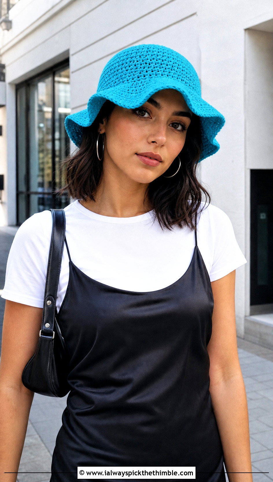 Wavy Brim Crochet Bucket Hat With Slip Dress And Sneakers - 20 easy crochet bucket hat outfit ideas