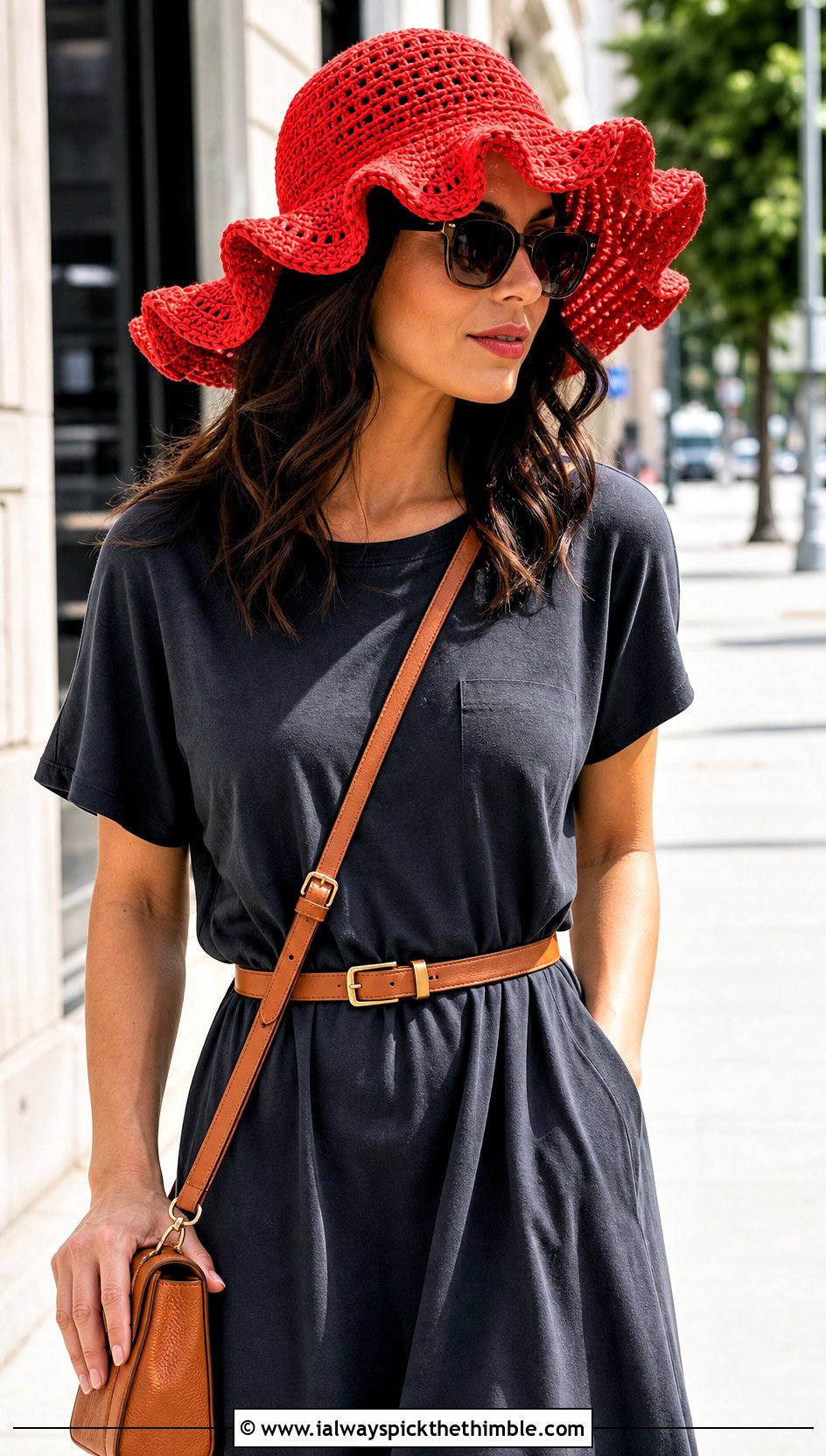 Wavy Brim Crochet Sun Hat With T Shirt Dress - 25 crochet sun hat outfit ideas