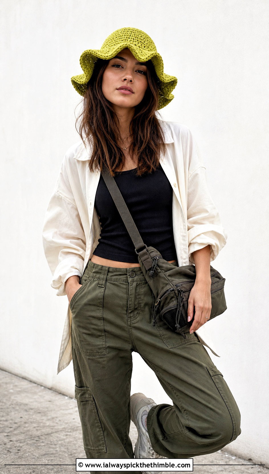 Wavy Brim Floppy Crochet Hat With Cargo Pants - 20 floppy crochet hat outfit ideas