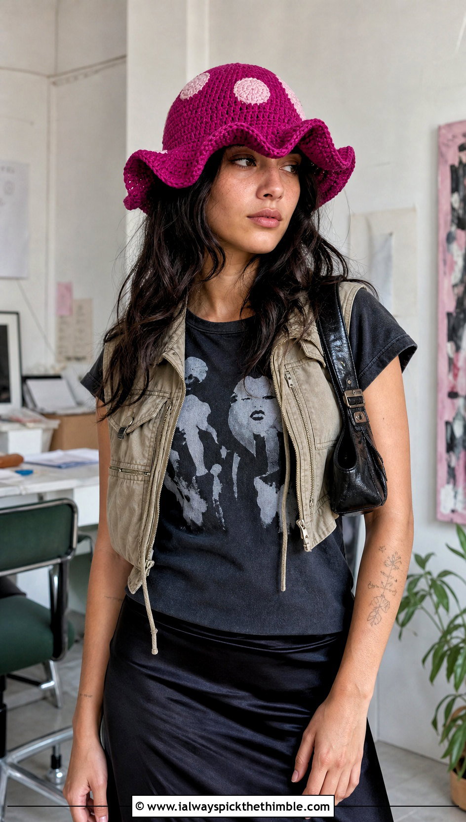 Wavy Brim Mushroom Crochet Bucket Hat With Satin Skirt - 15 Mushroom Crochet Bucket Hat outfit ideas