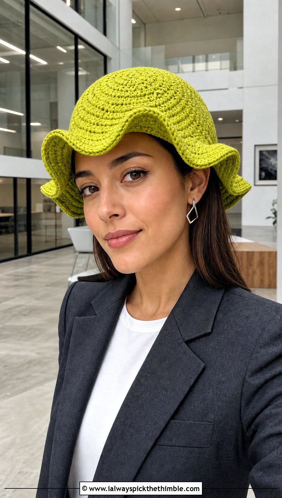 Wavy Brim Swirl Crochet Hat With Blazer And Trousers - 20 crochet swirl hat outfit ideas