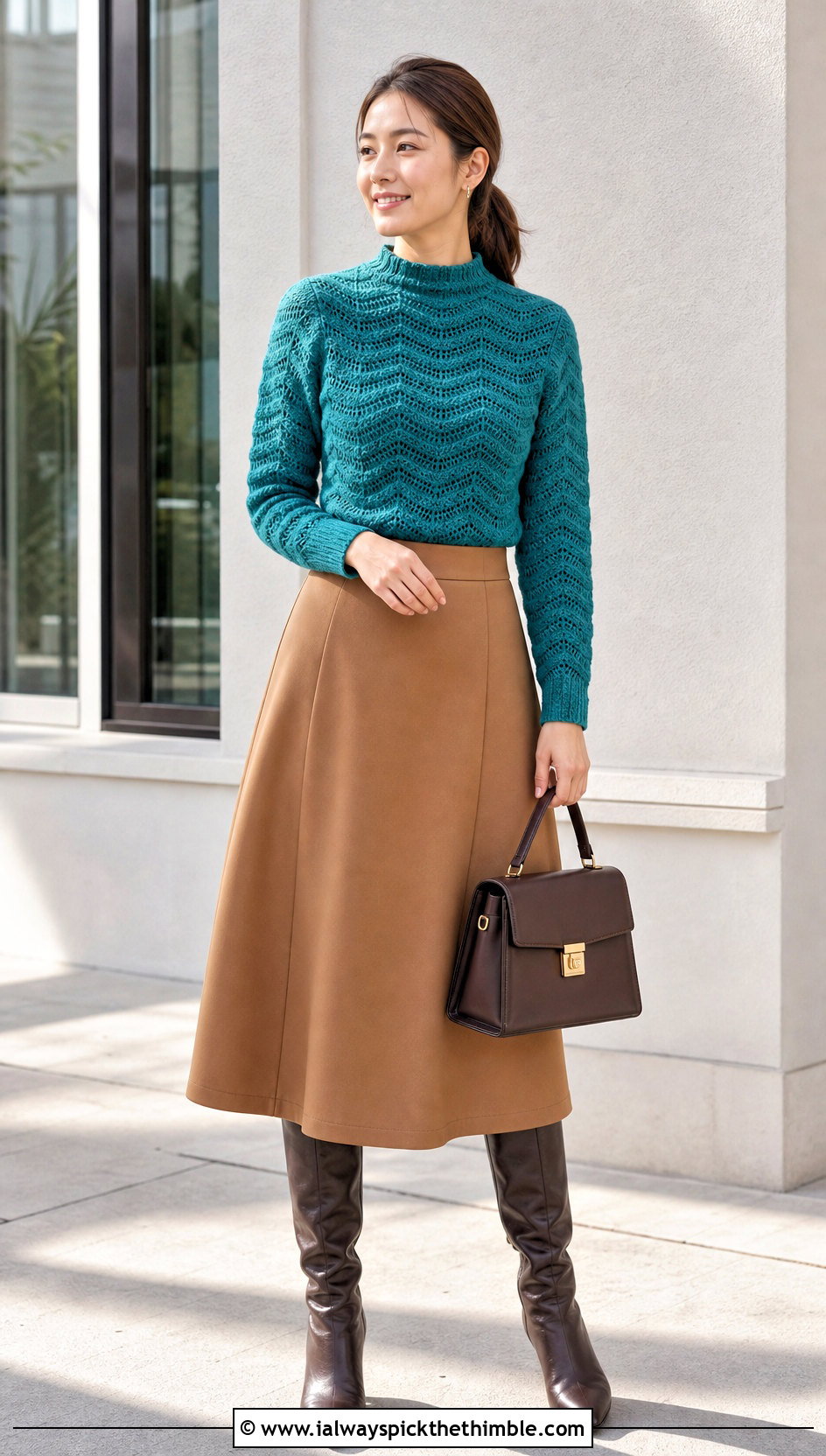 Wavy Crochet Mock Neck Top With A Line Skirt - 20 wavy crochet top outfit ideas