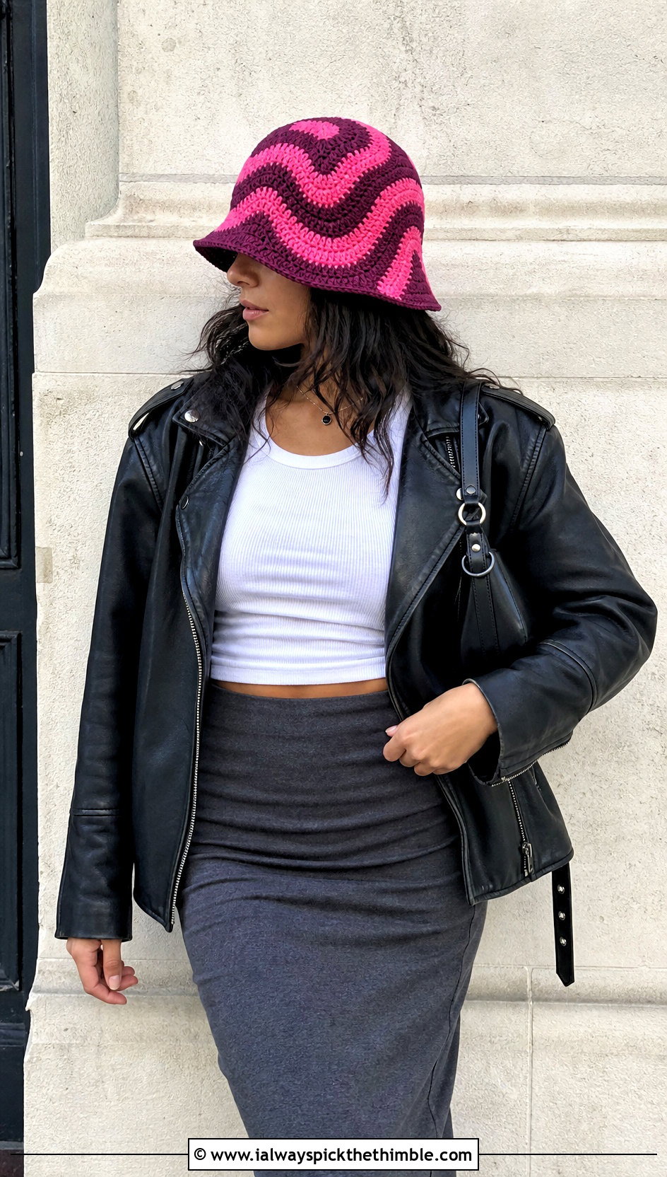 Wavy Crocheted Bucket Hat With Leather Jacket - 25 Crocheted Bucket Hat outfit ideas