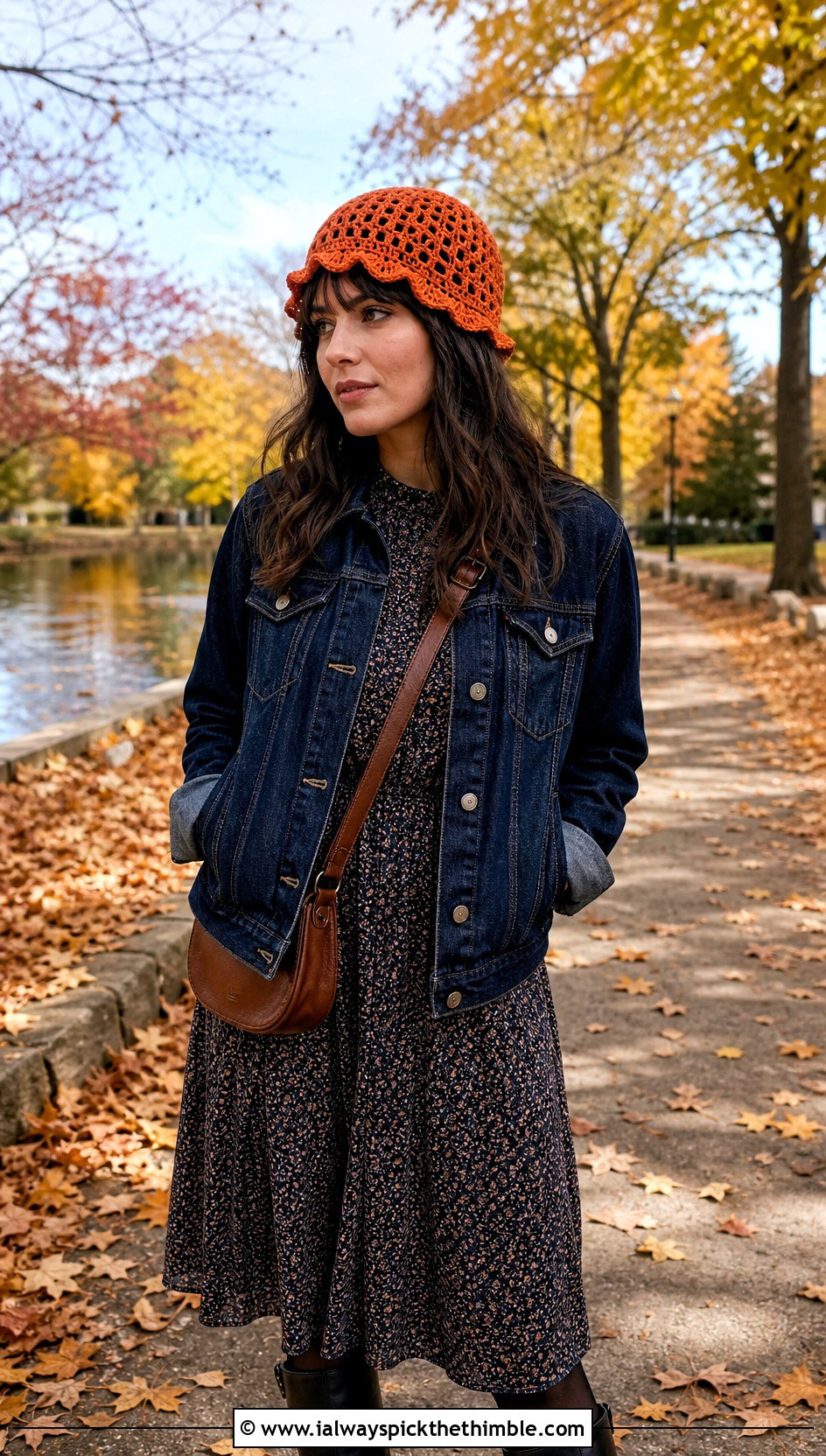 Wavy Edge Crochet Mesh Beanie With Prairie Dress - 20 crochet mesh beanie outfit ideas