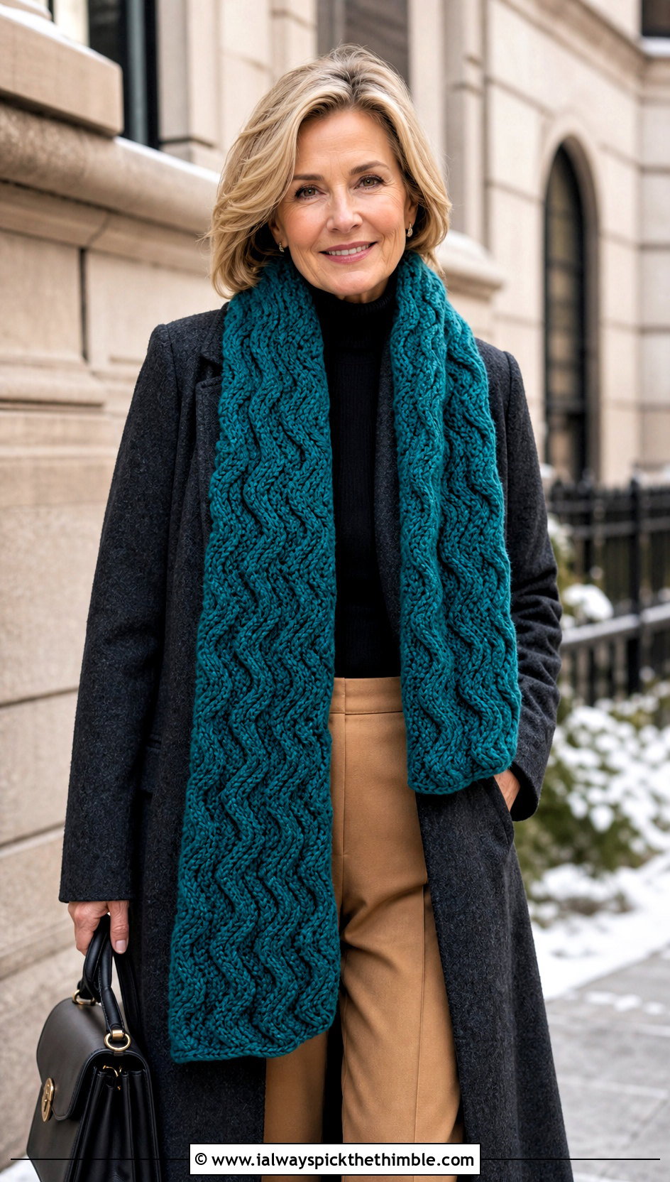 Wavy Ridge Super Scarf With Wool Coat and Wide Leg Pants - 20 wavy crochet scarf outfit ideas