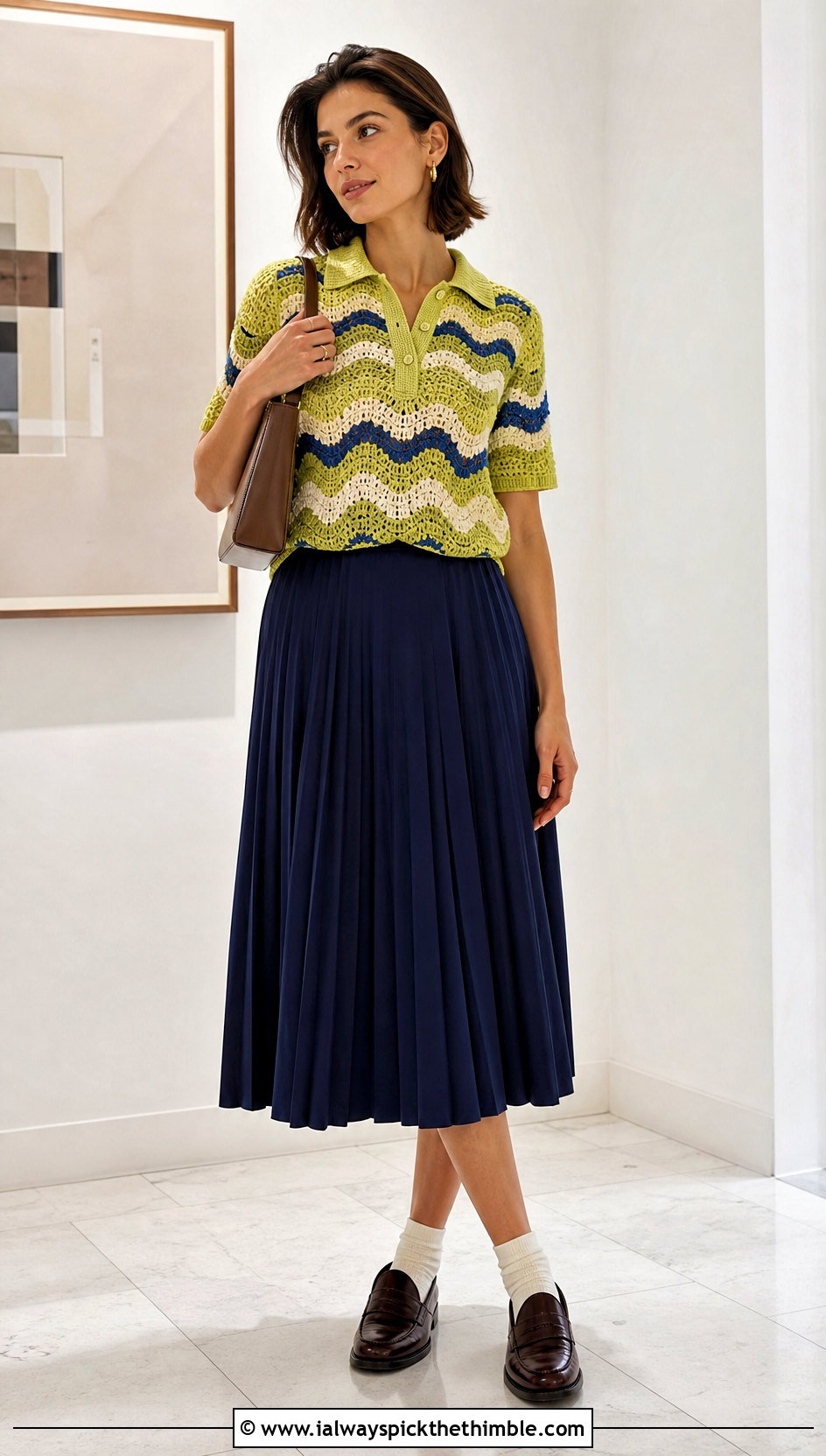 Wavy Stripe Crochet Polo Top With Pleated Midi Skirt - 20 wavy crochet top outfit ideas
