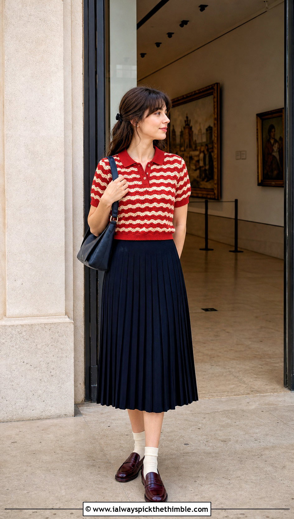 Wavy Stripe Crochet Polo Top With Pleated Skirt - 20 wave crochet top outfit ideas