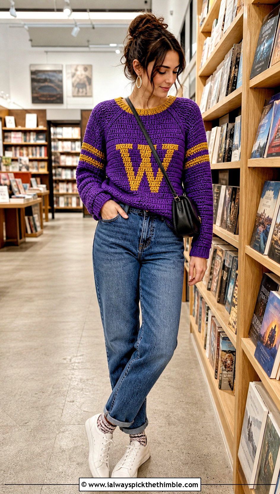 Weasley Initial Raglan Crochet Sweater With Straight Leg Jeans - 20 Harry Potter Crochet Sweater outfit ideas