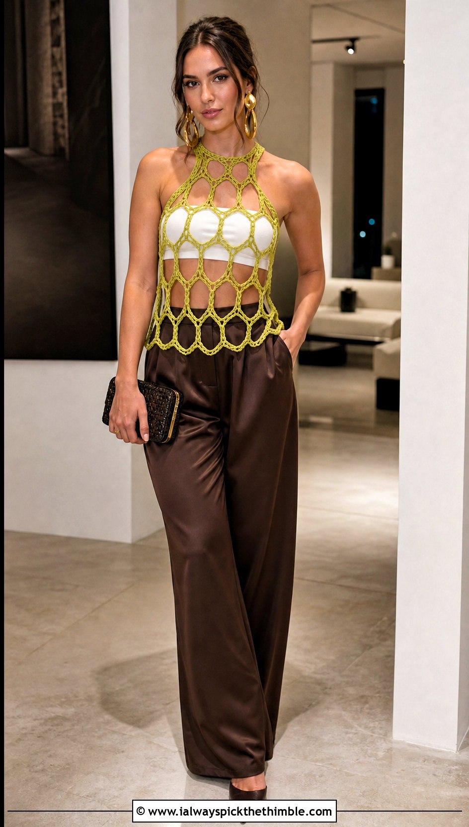 Web Mesh Crochet Subversive Top With Satin Trousers - 15 Crochet Subversive Top outfit ideas