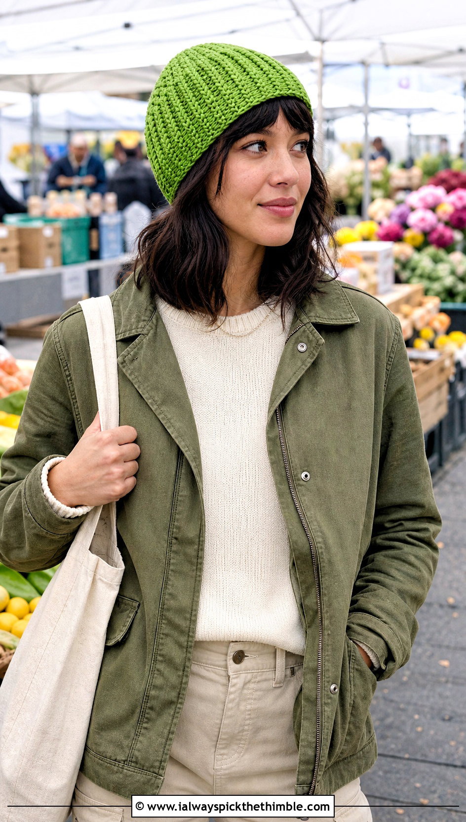 Wedge Short Row Crochet Beanie With Utility Jacket - 20 short row crochet hat outfit ideas
