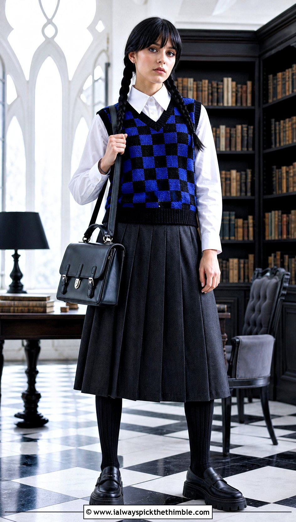 Wednesday Addams Checkerboard Crochet Sweater Vest Outfit - 15 Wednesday Addams Crochet Clothes and outfit ideas