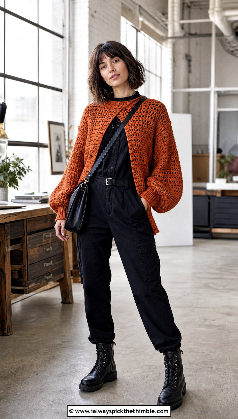 Wednesday Balloon Sleeve Crochet Sweater With Utility Jumpsuit - 15 Wednesday Crochet Sweater outfit ideas