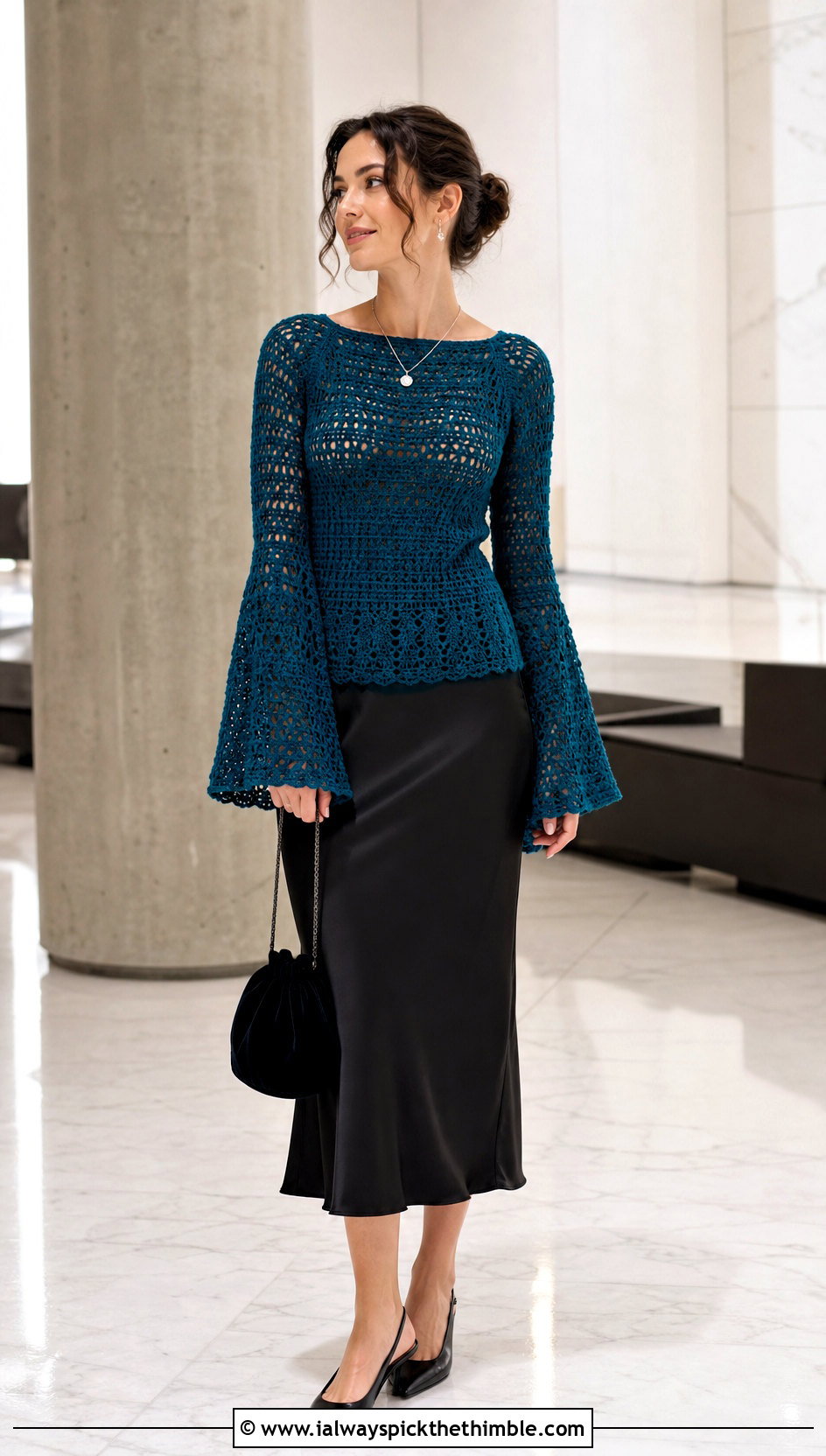 Wednesday Bell Sleeve Crochet Sweater With Satin Slip Skirt - 15 Wednesday Crochet Sweater outfit ideas