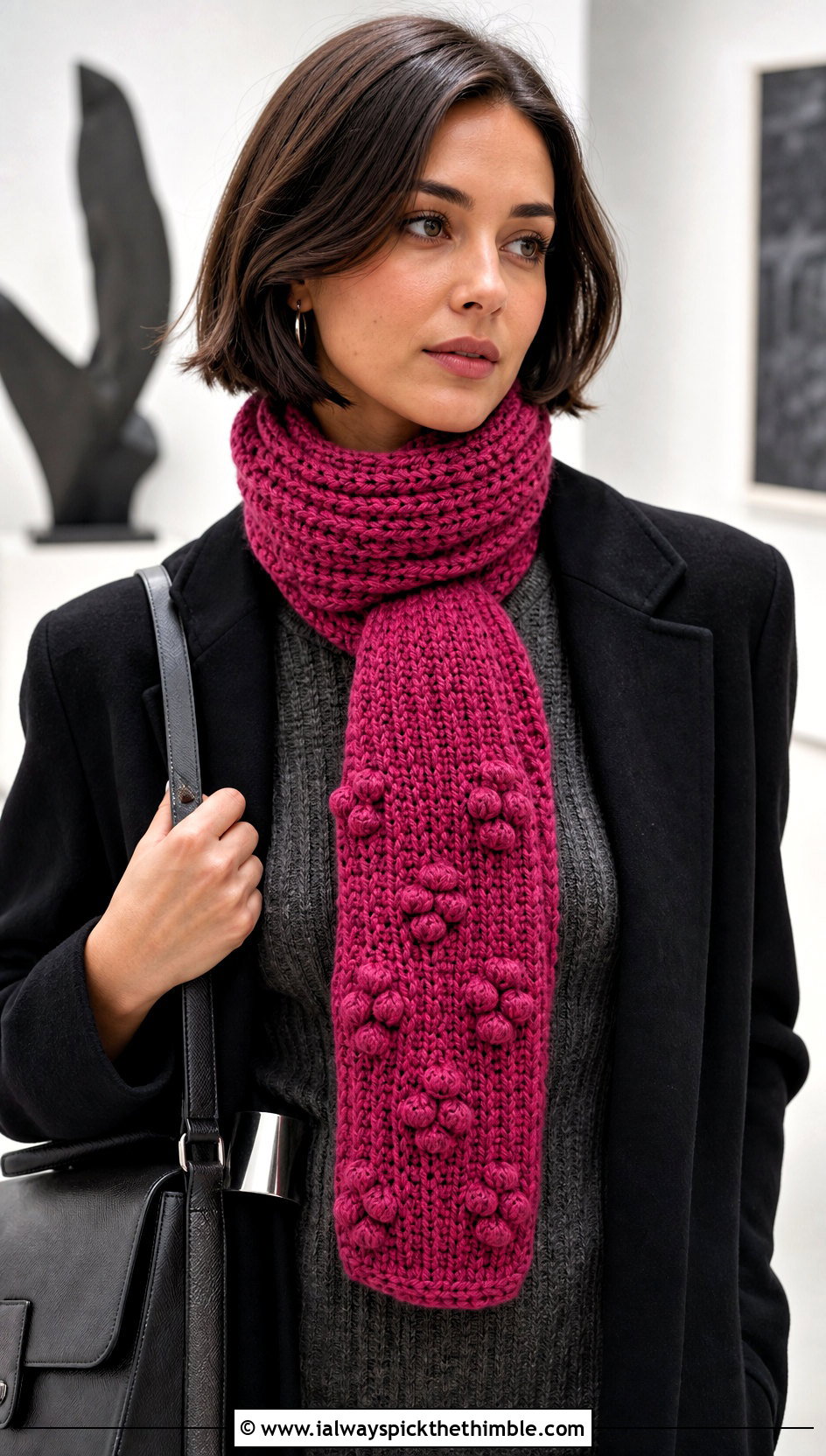 Wednesday Bobble Crochet Scarf With Knit Dress - 20 Wednesday Crochet Scarf outfit ideas