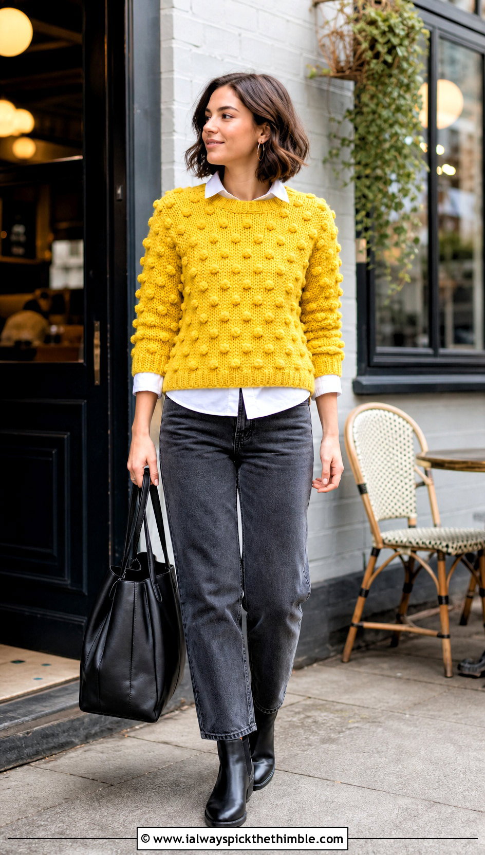 Wednesday Bobble Stitch Crochet Sweater With Straight Leg Jeans - 15 Wednesday Crochet Sweater outfit ideas