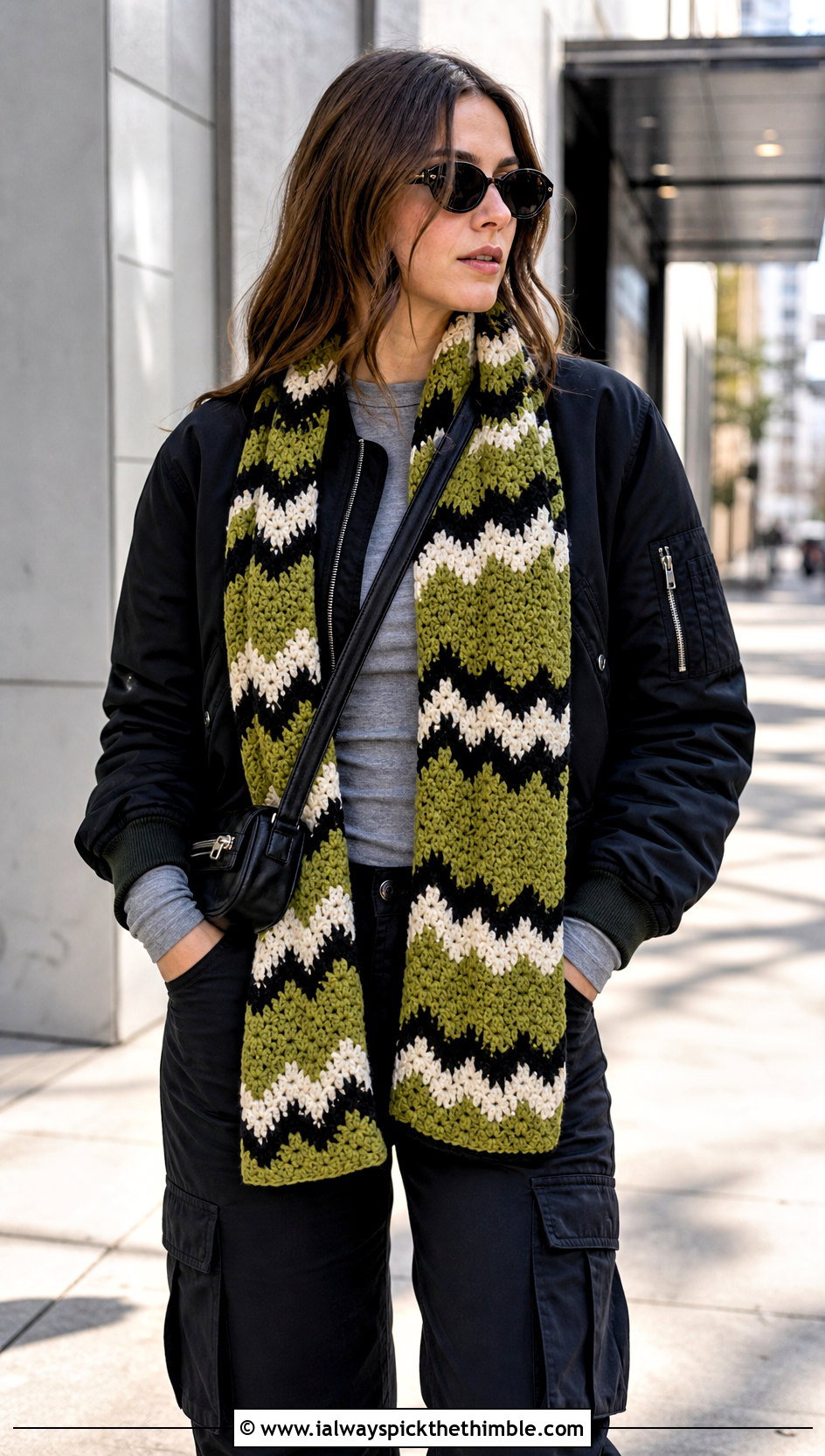 Wednesday Chevron Crochet Scarf With Cargo Pants - 20 Wednesday Crochet Scarf outfit ideas
