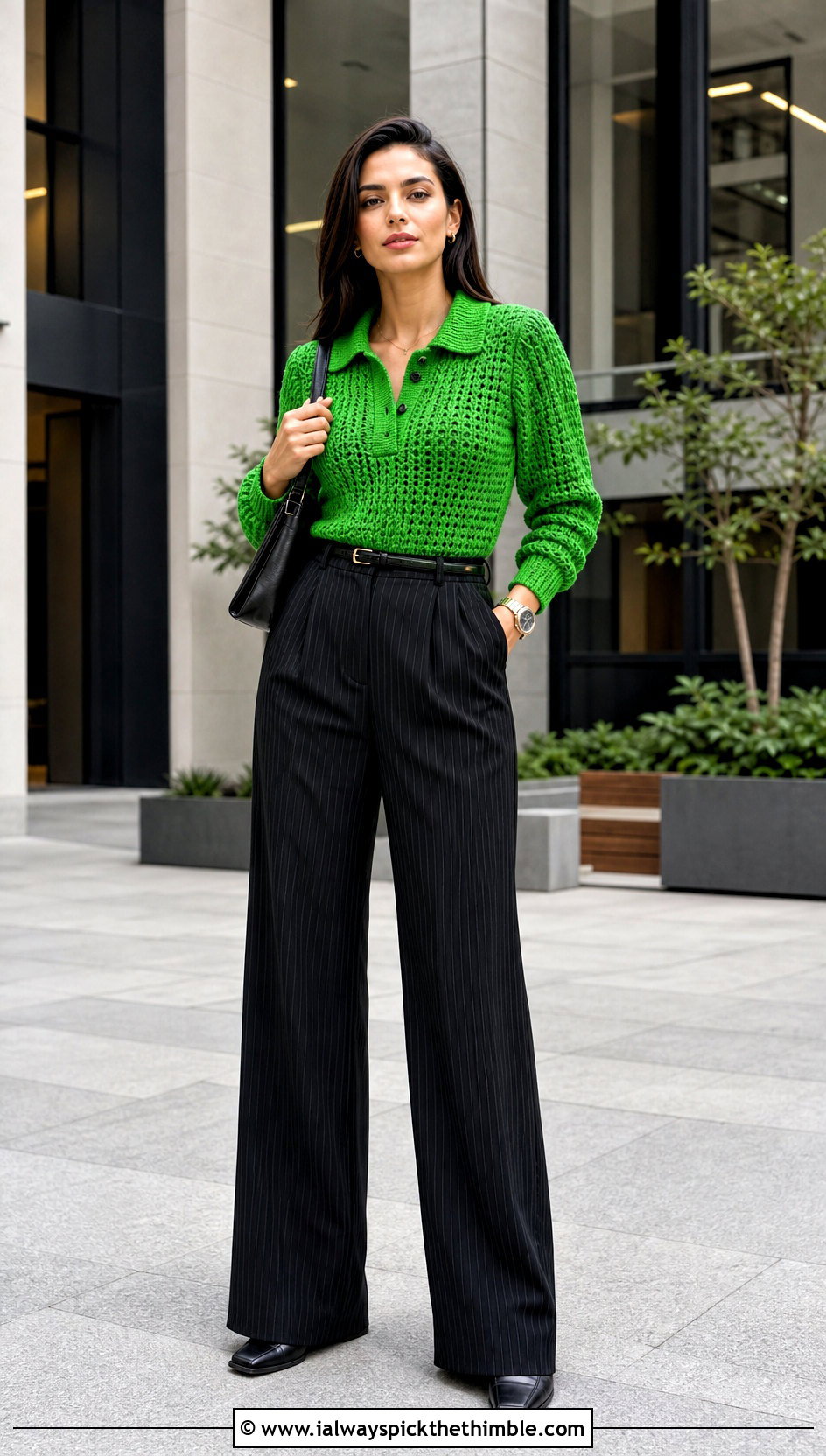 Wednesday Crochet Polo Sweater With Pinstripe Pants - 15 Wednesday Crochet Sweater outfit ideas